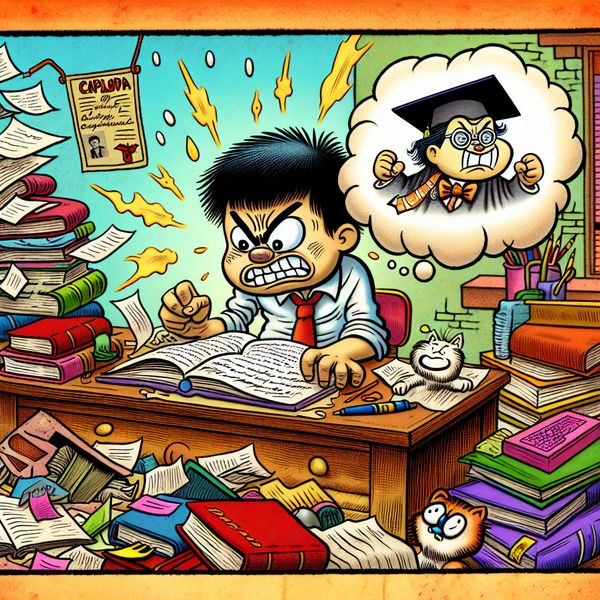 Vastberaden student studeert voor zijn diploma in een kleurrijke cartoon Een cartoon afbeelding van een vastberaden student die aan een rommelig bureau zit, omringd door boeken en aantekeningen, met een blik van concentratie en een denkbel met een diploma en afstudeerhoed boven zijn hoofd. Er is een kat die op het bureau lounged in een kleurrijke achtergrond vol schoolspullen.