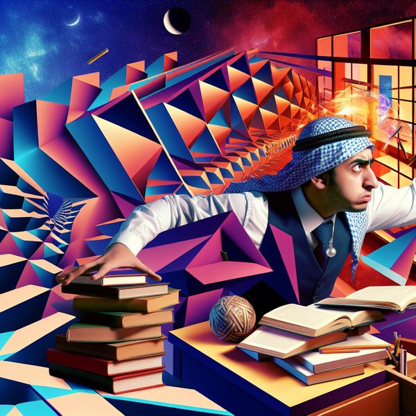 Een vastberaden student zit aan een chaotische bureau vol boeken en studiemateriaal, met surrealistische geometrische vormen en onmogelijke structuren op de achtergrond.