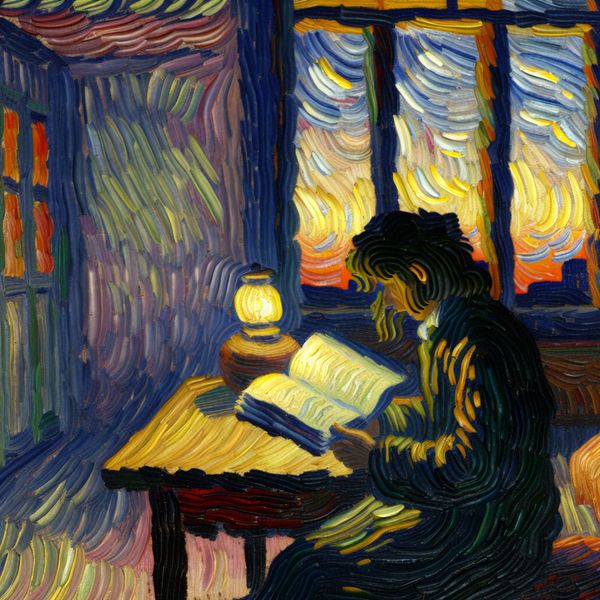 Dagelijkse gewoonte lezen avondroutine Van Gogh stijl schilderij Vrouw leest een boek in een gezellige kamer met warme verlichting, geschilderd in de stijl van Vincent van Gogh, ter illustratie van een vaste gewoonte