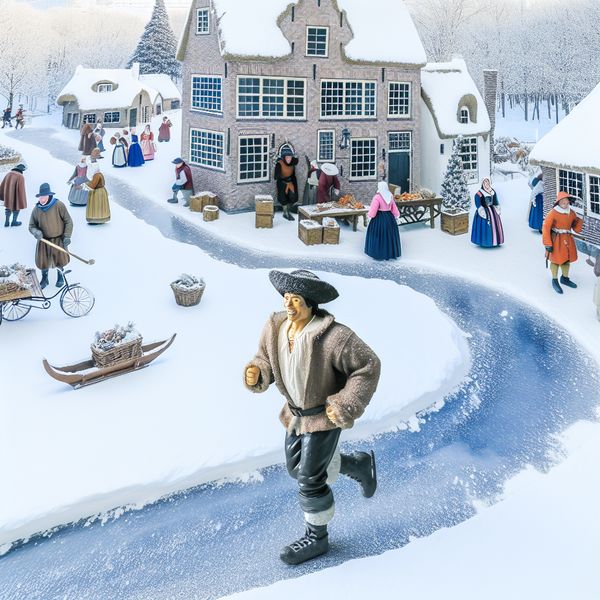 Vaste gewoonte in een Nederlands winterdorp: dagelijkse routine in de 17e eeuw 17e-eeuwse Nederlandse winterscène met een man die langs een bevroren kanaal jogt als vaste gewoonte, omringd door dorpsbewoners die schaatsen en kletsen