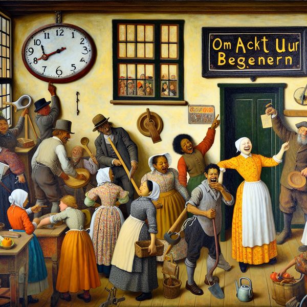 Vaste regel in een Nederlands huishouden: om acht uur beginnen Levendige Nederlandse huishoudenscène in de stijl van Jan Steen met een schoolmeester die naar een klok wijst die 8 uur aangeeft, terwijl mensen zich voorbereiden op een vaste regel zoals 'Om Acht Uur Beginnen'