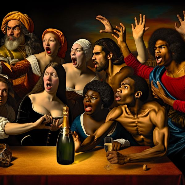 Vasthouden betekenis: barokke illustratie van uitgestelde actie en spanning Barokke scène van een groep mensen die gespannen wachten met een fles champagne, symbool voor het concept 'vasthouden' in taal en gedrag
