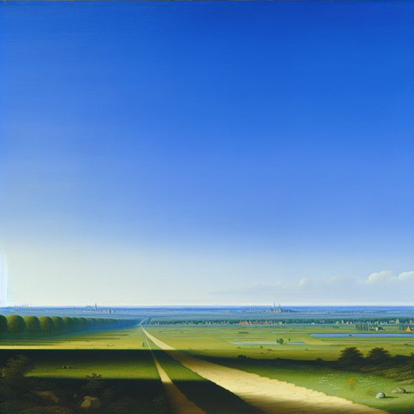 Vastlandschap met Twee Steden en Geruime Afstand Een serene landschap met een pad dat naar de horizon leidt, waar twee steden zichtbaar zijn onder een heldere blauwe lucht.