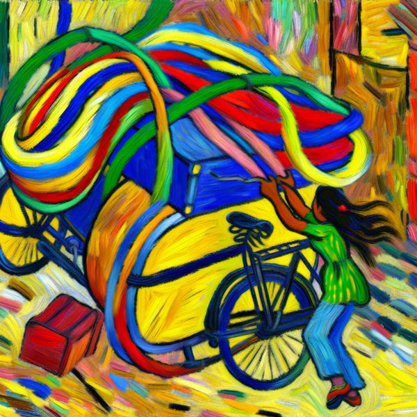 Vastmaken van bagage op fiets: expressieve illustratie voor taalonderwijs Kleurrijke, expressieve illustratie van een persoon die een grote koffer stevig vastmaakt op de bagagedrager van een fiets met dynamische riemen, in de stijl van Karel Appel