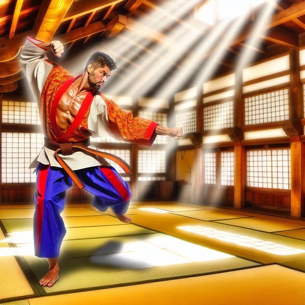 Intense Karate Training in a Classical Dojo Martial artist performing karate techniques in a traditional dojo setting