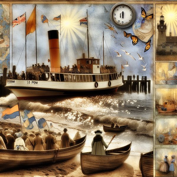 Veerboot vertrekt uit charmante haven Een nostalgische illustratie van een veerboot die uitvaart vanuit een charmante haven, met vrolijke passagiers en kleurrijke vlaggen.