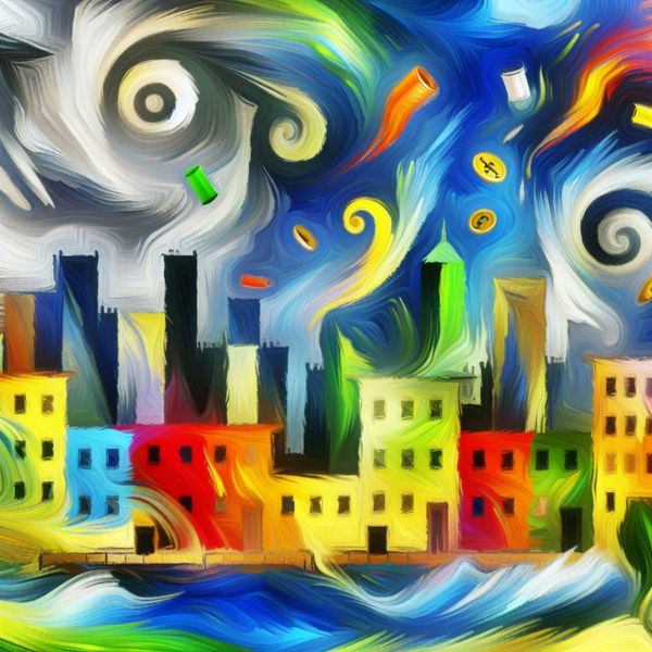 Abstracte stadscène met kleurrijke gebouwen die veerkracht tonen te midden van turbulente elementen zoals wervelende winden en vallende munten.