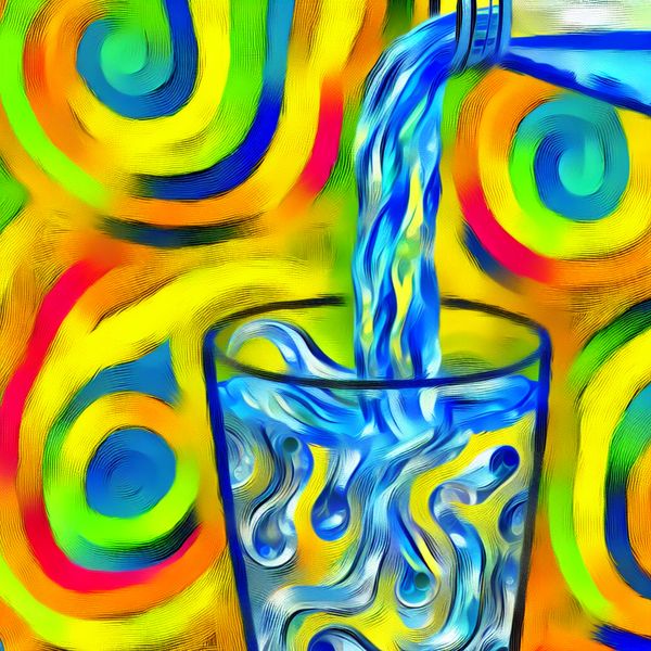 Abstract schilderij van een glas helder water dat in een kopje wordt gegoten, veilig om te drinken, in expressieve stijl van Karel Appel