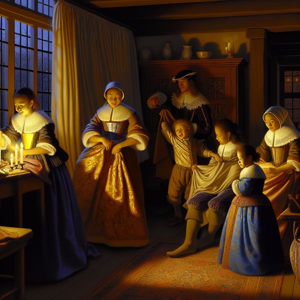17e-eeuws Nederlands gezin verwelkomt kinderen thuis in een veilige, warme sfeer bij kaarslicht