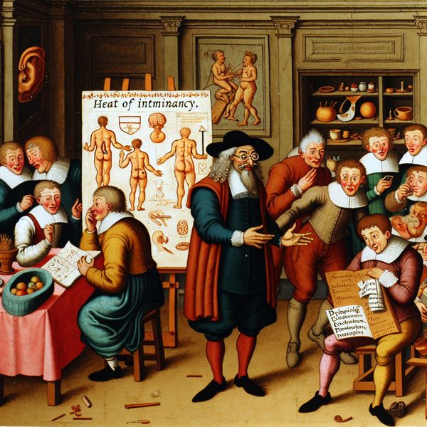 Historische les over veilige intimiteit in Nederlandse Gouden Eeuw-stijl 17e-eeuwse Nederlandse klas met leerlingen en leraar die openlijk praten over veilige seks, met anatomische kaart en voorbehoedsmiddelen