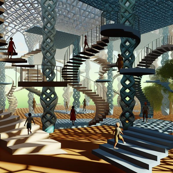 Veilige leeromgeving voor kinderen: surrealistische speeltuin met geometrische en organische vormen Surrealistisch speelparadijs in Escher-stijl met geometrische vormen die transformeren in organische structuren, waar kinderen veilig en vrolijk spelen in een omgeving van oneindige verkenning en bescherming