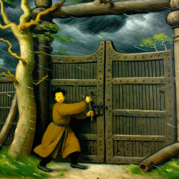 Veiligheid Verhogen door het Grendelen van een Oude Poort Een persoon grendelt een grote, oude houten poort tijdens een stormachtige dag met donkere wolken en hevige regen.