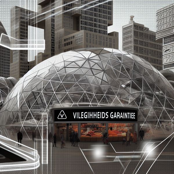 Een grote, transparante koepel omringd door een levendige markt vol mensen in een retro-futuristische stad.