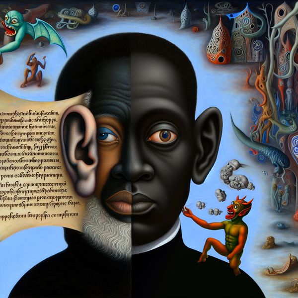 Surrealistisch tafereel in de stijl van Hieronymus Bosch van een persoon met een dubbelzijdig masker dat veinzen en bedrog uitbeeldt, omringd door symbolische elementen zoals een oor met een fluisterende demon en gebroken tekst