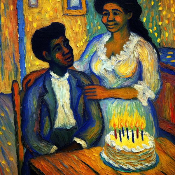 Informeel portret van een stel: betekenis van 'vent' als partner of echtgenoot Informeel tafereel van een stel in huiselijke sfeer met verjaardagstaart, geïnspireerd op Van Gogh, ter illustratie van het woord 'vent' als informele benaming voor een partner of echtgenoot
