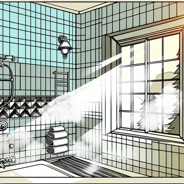 Ventileren van badkamer: frisse lucht binnenlaten door raam open te zetten Retro-futuristische badkamer met stoom die door een open raam naar buiten waait, illustrerend het ventileren van een ruimte