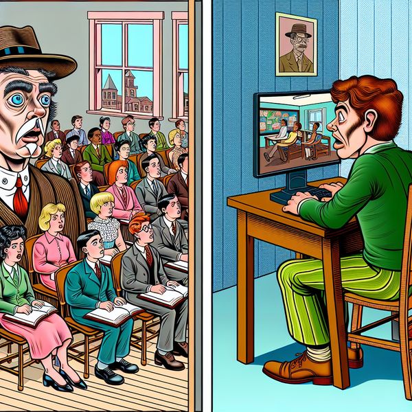 Verandering in Onderwijs: Van Klaslokaal naar Online Leren Een schattige cartoonfiguur staat voor een gesplitst achtergrond. Aan de linkerkant is een klaslokaal met leerlingen, en aan de rechterkant een thuiswerkplek met de figuur achter een computer.