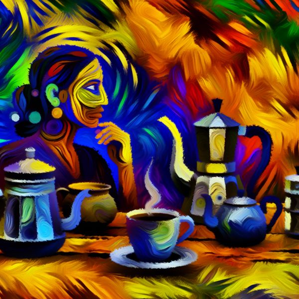 Verandering van Koffie naar Thee: Abstracte Kunst van Willem de Kooningstijl Abstract compositie van gefrustreerde persoon omringd door koffiezetapparatuur en een kop thee, symboliseert de overstap van koffie naar thee
