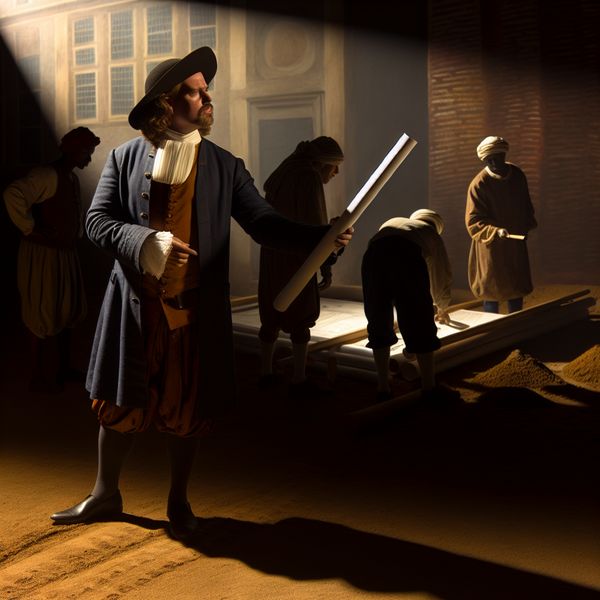 Verantwoordelijkheid en leiderschap in historische bouwscene - Rembrandt-stijl 17e-eeuwse projectleider in Nederlandse kleding houdt toezicht op bouwplaats met arbeiders, wijst naar blauwdruk in dramatisch Rembrandt-licht