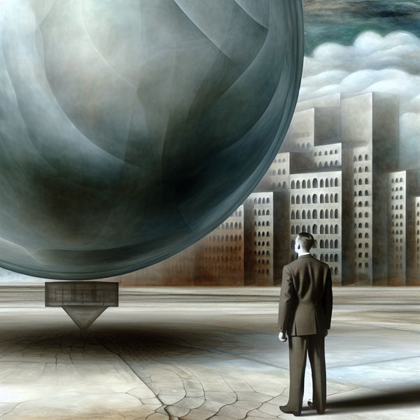 Surrealistische afbeelding van verantwoordelijkheid en last Een eenzame figuur in een formeel pak staat onder een imposant en surrealistisch landschap, gekneld door een doorzichtige wereldbol die de last van verantwoordelijkheid symboliseert.