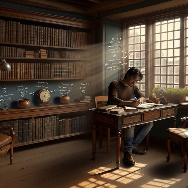 Verantwoordelijkheidsgevoel in een rustige bibliotheekomgeving Man in een serene bibliotheek schrijft notities in een planner bij een antiek houten bureau