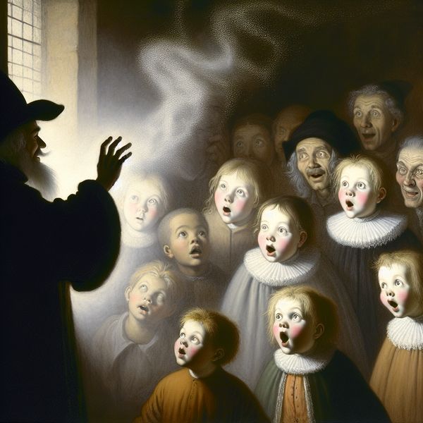 Verbaasde kinderen kijken naar goochelaar Kinderen kijken verwonderd naar een goochelaar die magie trucjes uitvoert in een zacht verlichte kamer, met sprankels in de lucht.