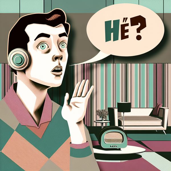 Verbazing uitdrukken met 'Hè?' - Retro illustratie voor taalgebruik Retro-futuristische illustratie van een persoon die verbaasd en verward 'Hè?' zegt in een jaren 50-geïnspireerde woonkamer