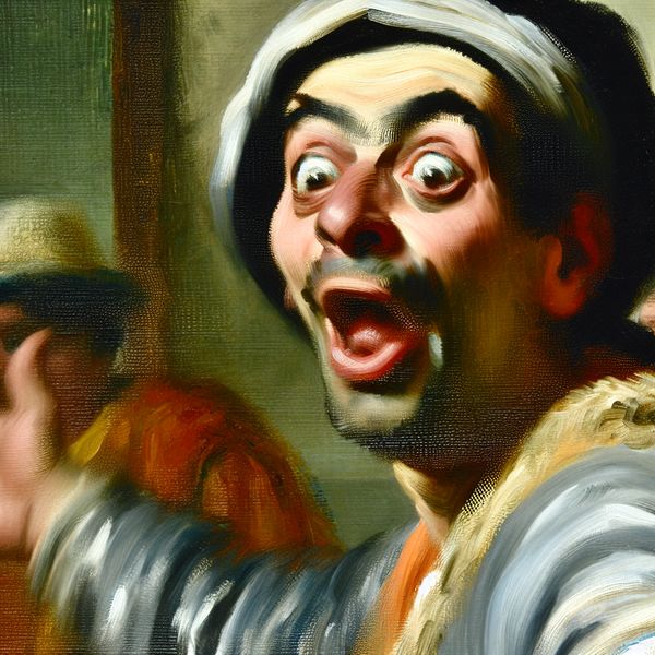 Verbaasde reactie uitroep verrassing schilderij Frans Hals stijl Portret in de stijl van Frans Hals van een persoon met een verbaasde uitdrukking die 'He!' uitroept bij een onverwachte verrassing