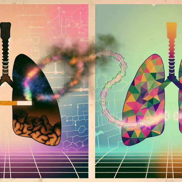 Visueel verband tussen roken en longgezondheid - educatieve illustratie Illustratie van twee longen naast elkaar: een ongezonde long met rook en een gezonde long, verbonden door een ketting als symbool voor het verband tussen roken en longziekten