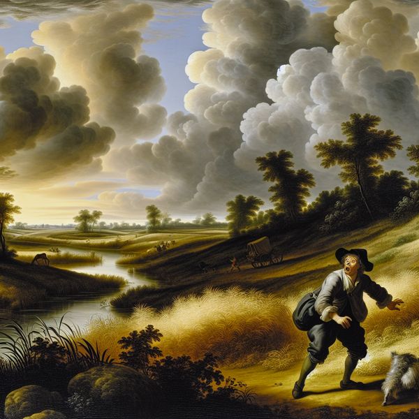 Verbazing uitbeelden in Nederlandse landschapsschilderkunst - Jacob van Ruisdael stijl 17e-eeuws Nederlands landschap met verraste persoon in een veld bij een rivier, uitdrukking van verbazing