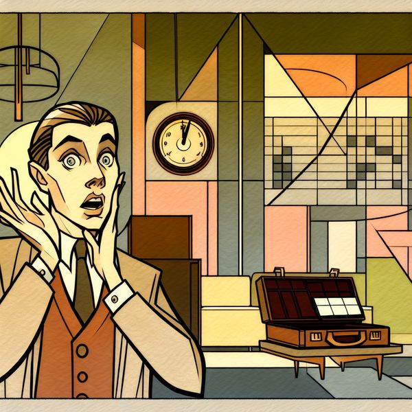 Persoon met verbaasde uitdrukking in retro-futuristische woonkamer, plotseling besef van onverwacht nieuws