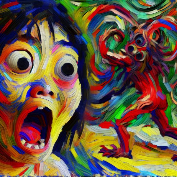Schrikreactie en verbazing in expressionistische schilderkunst - taal leren Nederlands Abstracte schildering in stijl van Karel Appel van een geschrokken persoon met wijd open mond en ogen, met een grote spin op de voorgrond in felle kleuren