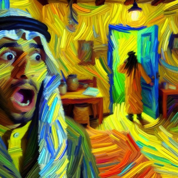 Persoon met verbaasde gezichtsuitdrukking in Van Gogh-stijl, reagerend op onverwachte bezoeker in warme kamer met expressieve penseelstreken