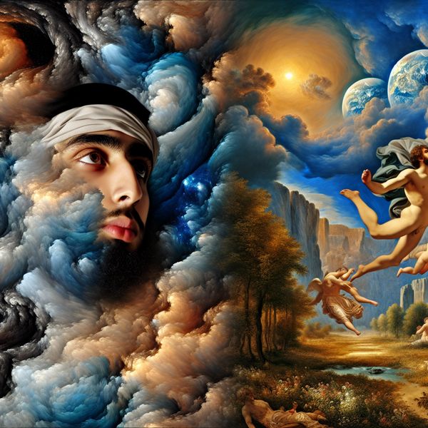 Verbeelden en mentale visualisatie in barokke stijl - Peter Paul Rubens inspiratie Barokke voorstelling van een persoon die zich iets inbeeldt, omringd door surrealistische visioenen van een maanlandschap en een zonnig weiland, in de stijl van Peter Paul Rubens
