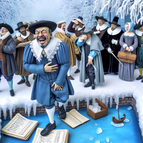 17e-eeuwse wintertafereel op een bevroren kanaal waar een man lachend een fout in een grootboek probeert te verbergen terwijl anderen verdachte documenten verstoppen