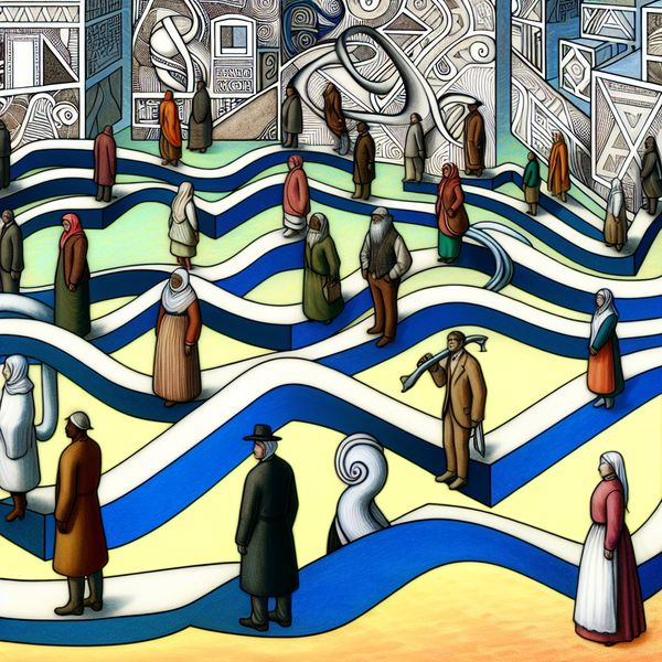 Diverse mensen verbonden door cementen linten in M.C. Escher-stijl Een surrealistisch tafereel met diverse mensen verbonden door cementen linten in een M.C. Escher-stijl.