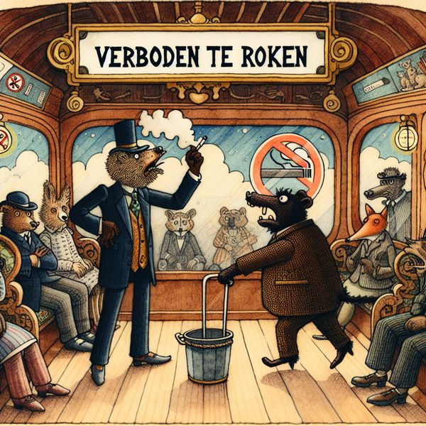Grappige cartoon van een treininterieur waar een beer-conducteur wijst naar een 'Verboden te roken'-bord terwijl een schaap schuldbewust zijn sigaret uitdrukt