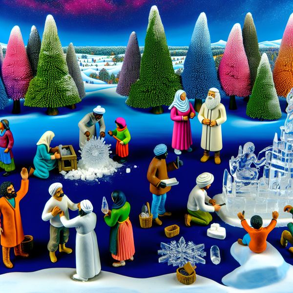 Samenwerking en Verbondenheid in een Winterlandschap Een diverse groep mensen die samen aan een grote ijsbeeld werken in een levendig winterlandschap.