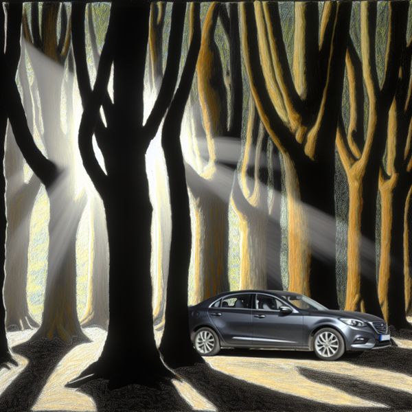 Verborgen auto achter bomen in zonlicht Een auto verborgen achter een cluster van hoge, weelderige bomen met zonlicht dat door het loof filters en een spel van licht en schaduw creëert.