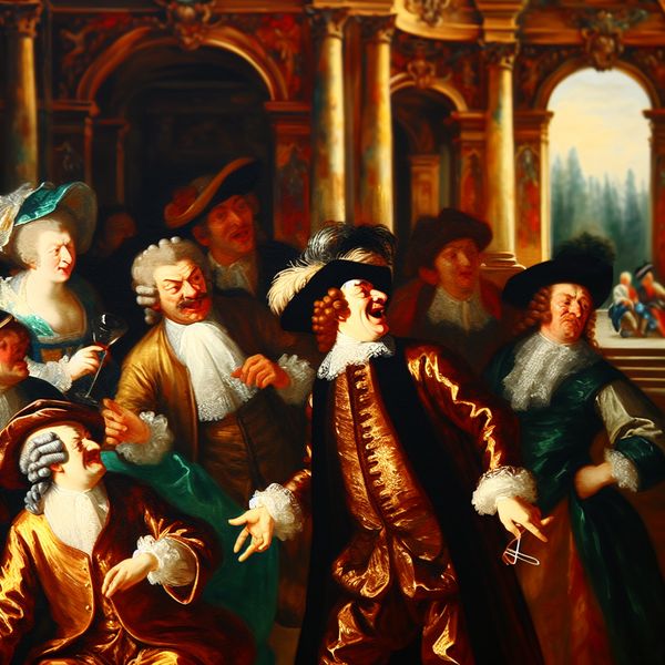 Verborgen betekenis in sociale interactie: barokke scène met subtiele communicatie Barokke scène met een groep mensen in een weelderige 17e-eeuwse setting, waar een man een humoristische opmerking maakt met een verborgen betekenis, terwijl een ander ongemakkelijk reageert