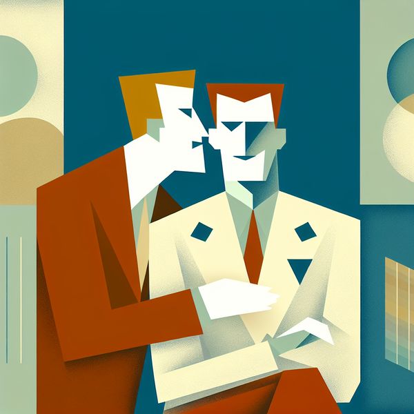 Verborgen geheim delen - intieme illustratie met retro-futuristische stijl Twee mensen delen een geheim in een intieme, retro-futuristische setting met zachte geometrische vormen en gedempte kleuren