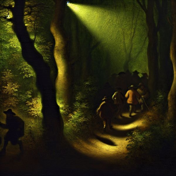 Verborgen Smokkelaarsroute in een Donker Bos Een geheim pad in een slecht verlicht bos, met smokkelaars die stilletjes bewegen.