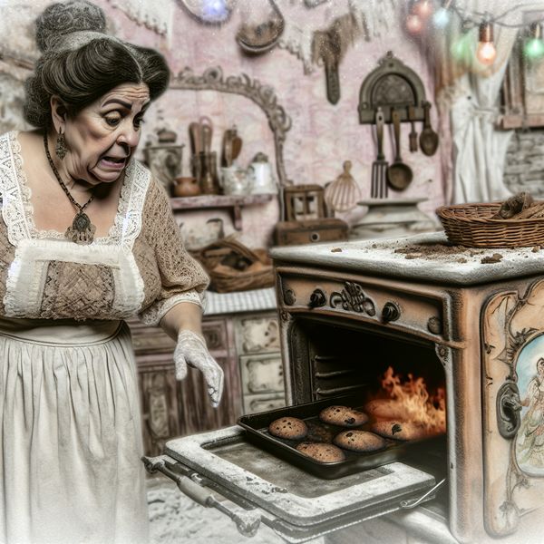 Een verbaasde vrouw in een vintage keuken kijkt naar een bakplaat met verbrande koekjes.