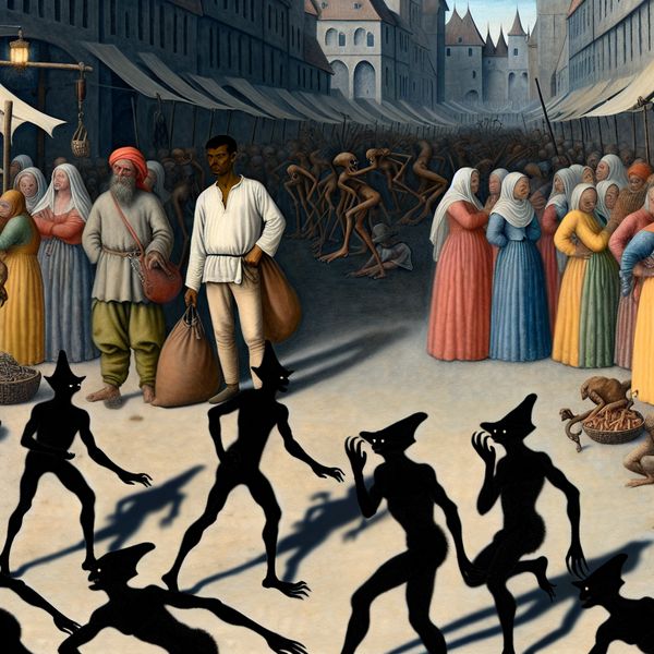 Surrealistisch middeleeuws marktplein met verdachte figuren en een waakzame persoon die op zijn hoede is voor zakkenrollers, illustratie van de uitdrukking 'verdacht op'
