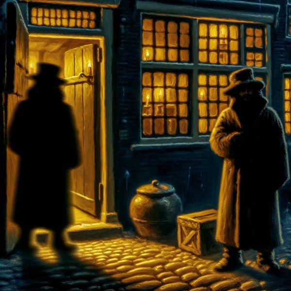 Schaduwrijke figuur in Rembrandt-stijl op een donkere, verdachte straat bij schemering, met een onheilspellend pakketje op de stoep