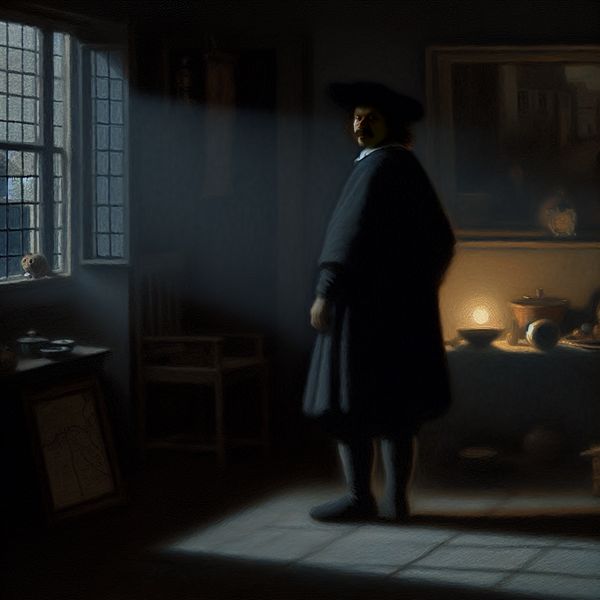 Verdachte man bij raam in dimlicht Een schimmige figuur van een man in donkere kleding, staand bij een raam en kijkend naar buiten, in een sfeervol verlichte kamer op een vroege avond. Deze afbeelding roept gevoelens van wantrouwen op.