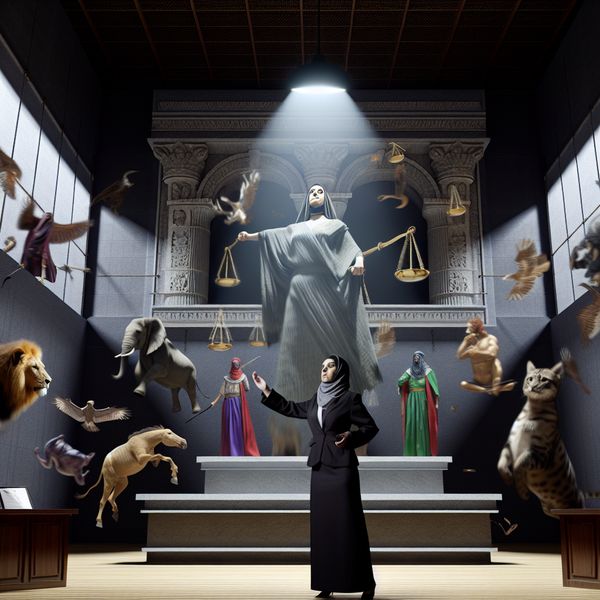 Symbolische verdediger van dierenrechten in surrealistische rechtbanksetting Vrouw als gepassioneerde verdediger van diverse dieren in een surrealistisch gerechtsgebouw met monumentale architectuur