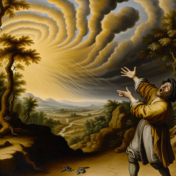 Vloekwoord uitdrukken in Nederlands: dramatische schilderij van frustratie en vergetelheid 17e-eeuwse Nederlandse landschapsschilderij met persoon die 'Verdomme!' roept uit frustratie omdat sleutels net buiten bereik hangen