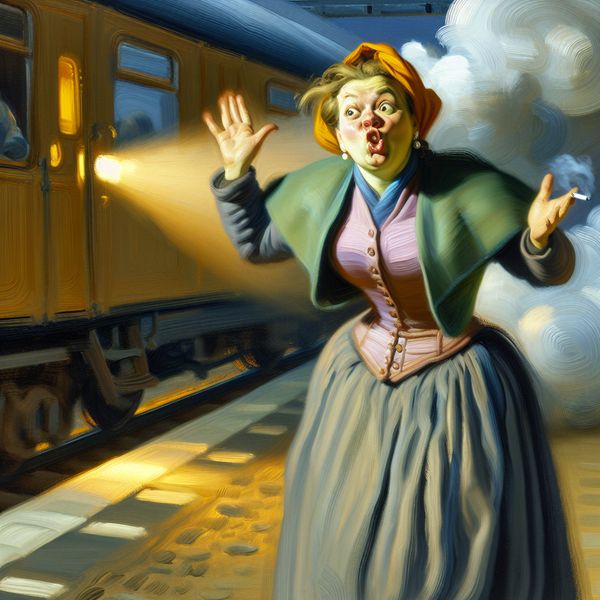 Verdorie uitroep van ergernis en teleurstelling bij gemiste trein - taaluitdrukking Nederlands Gefrustreerde persoon op perron met vertrekkende trein, uitroepend 'Verdorie!' in expressieve schilderstijl van Frans Hals