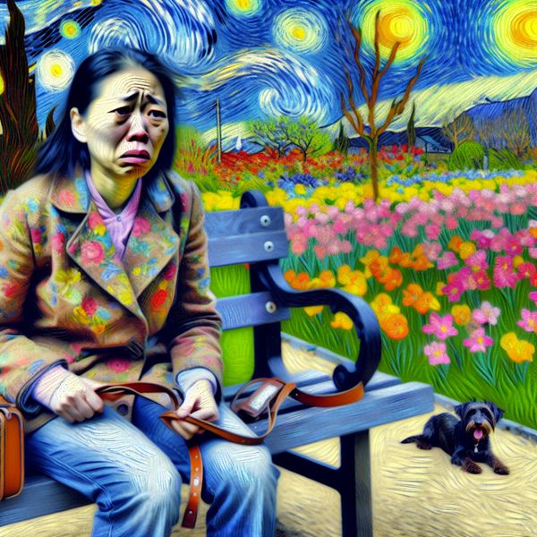 Verdriet van verlies: vrouw met lege hondenlijn in het park Een verdrietige vrouw op een bank in het park, met tranen in haar ogen en een lege lijn voor haar overleden hond.